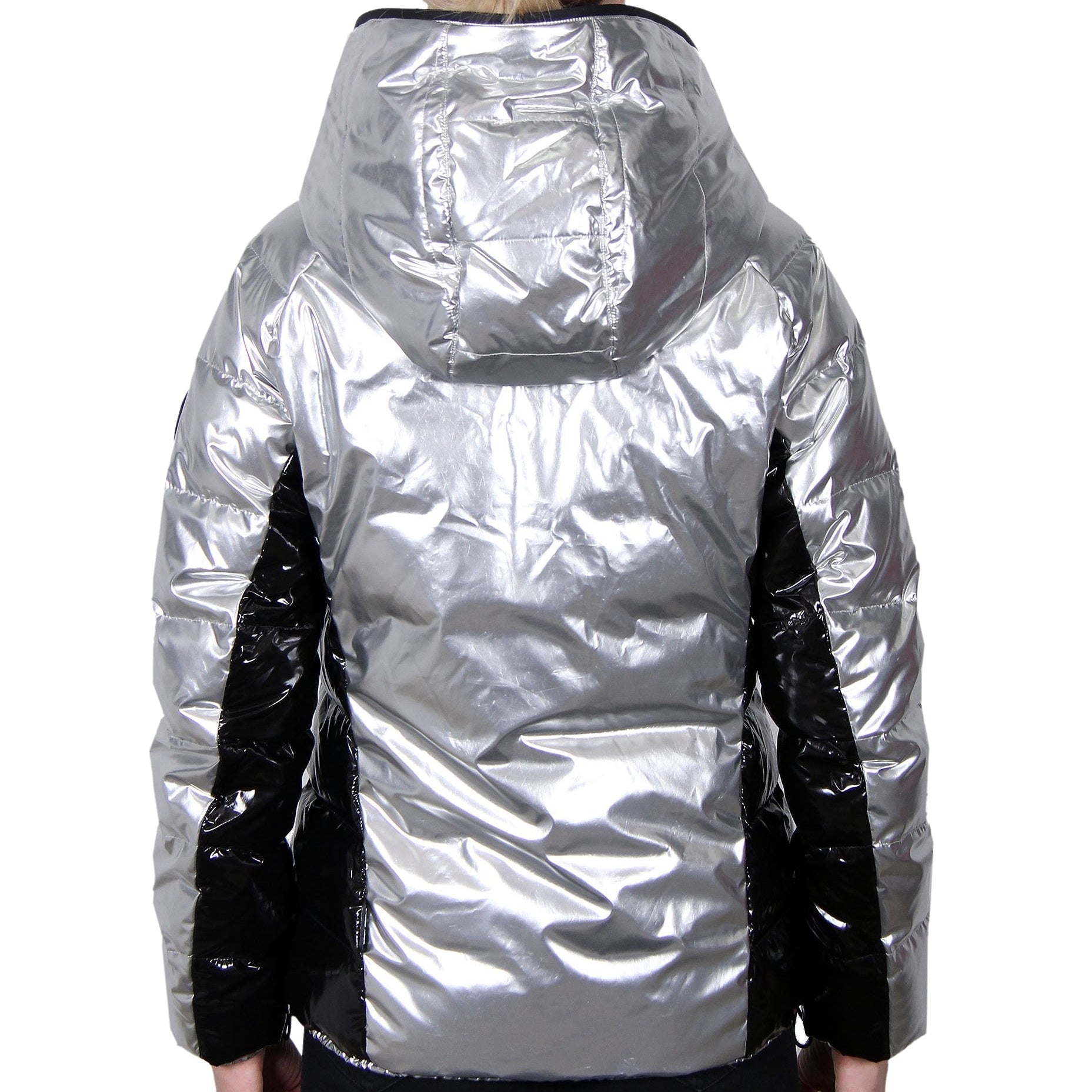 Body Glove Womens Wet-Look Metallic Silver Down-Filled Puffer Jacket
