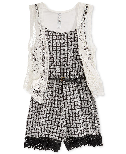 Beautees Girls Black 3-Pc. Lace Vest, Romper & Belt Set