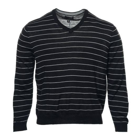 Club Room Men's Black Striped Merino Wool Blend V-Neck Sweater