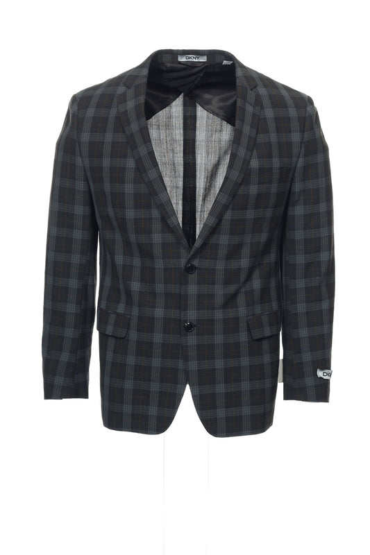 DKNY Mens Charcoal Plaid 2 Button Wool Blend Sport Coat