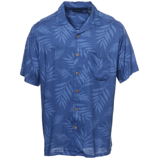 John Ashford Men's Blue Camp Shirt, Tropical Print, Short Sleeve, Button-Down