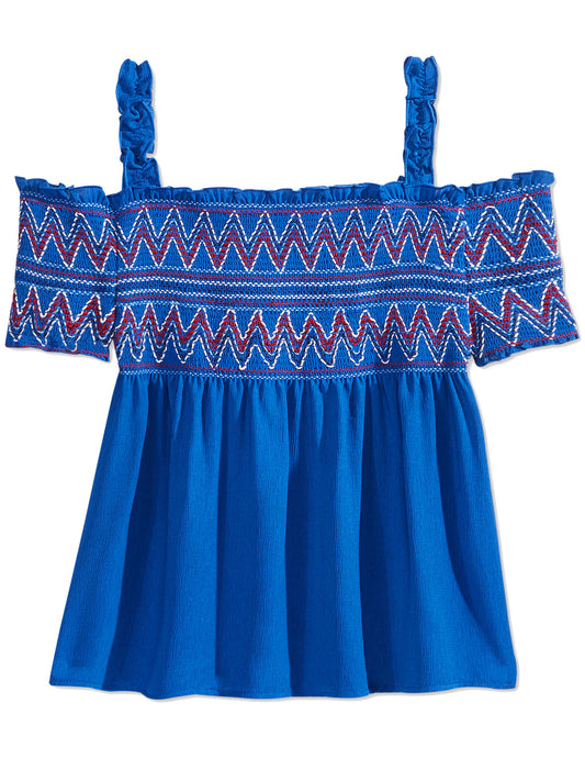 Kandy Kiss Girls Embroidered Smock Cold-Shoulder Top