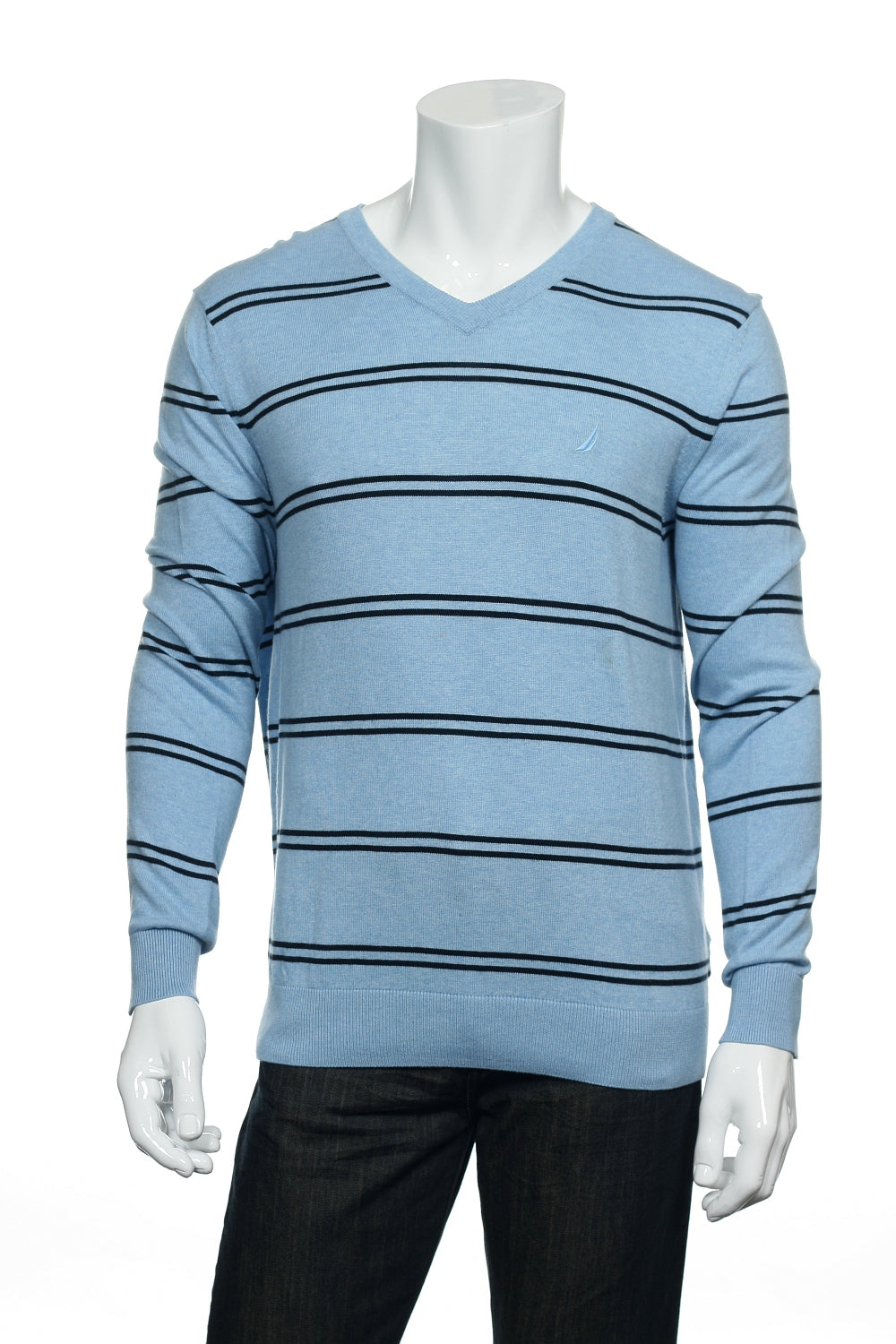 Nautica Men's Light Blue Striped V-Neck Sweater