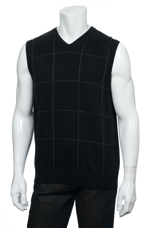 Nautica Mens True Black Checked Cotton Sweater Vest