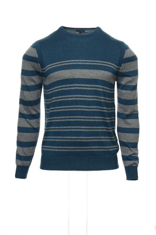 Sons of Intrigue Men's Blue Horizontal Striped Crew Neck Sweater