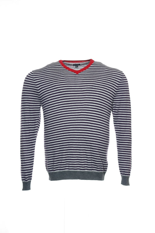 Sons of Intrigue Men's Light Gray Horizontal Striped V-Neck Sweater