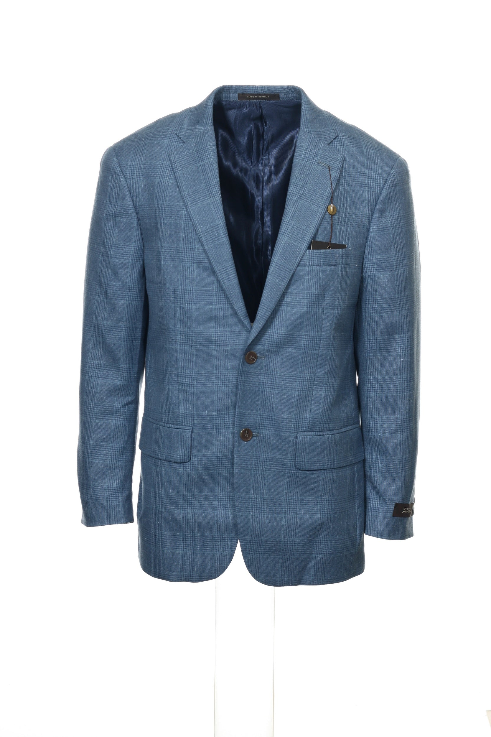 Tasso Elba Mens Medium Blue Wool/Linen Blend Plaid Blazer